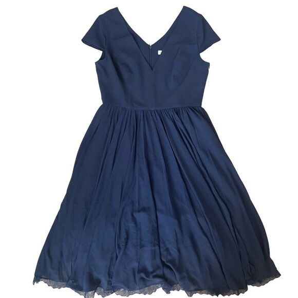 Dress The Population Corey Chiffon Fit & Flare Cocktail Dress Size L Navy Blue - Picture 8 of 13